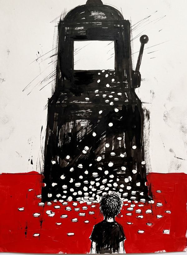 A small figure stands in a field of red, facing a towering black slot machine overflowing with coins.